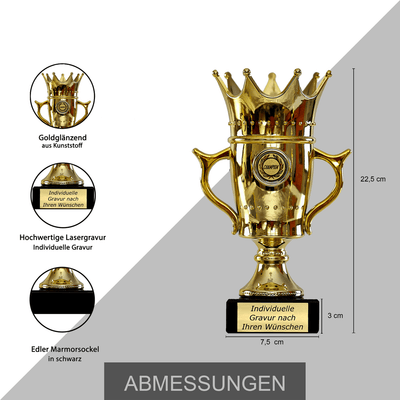 Pokal Krone Gold mit Wunschtext & Emblem